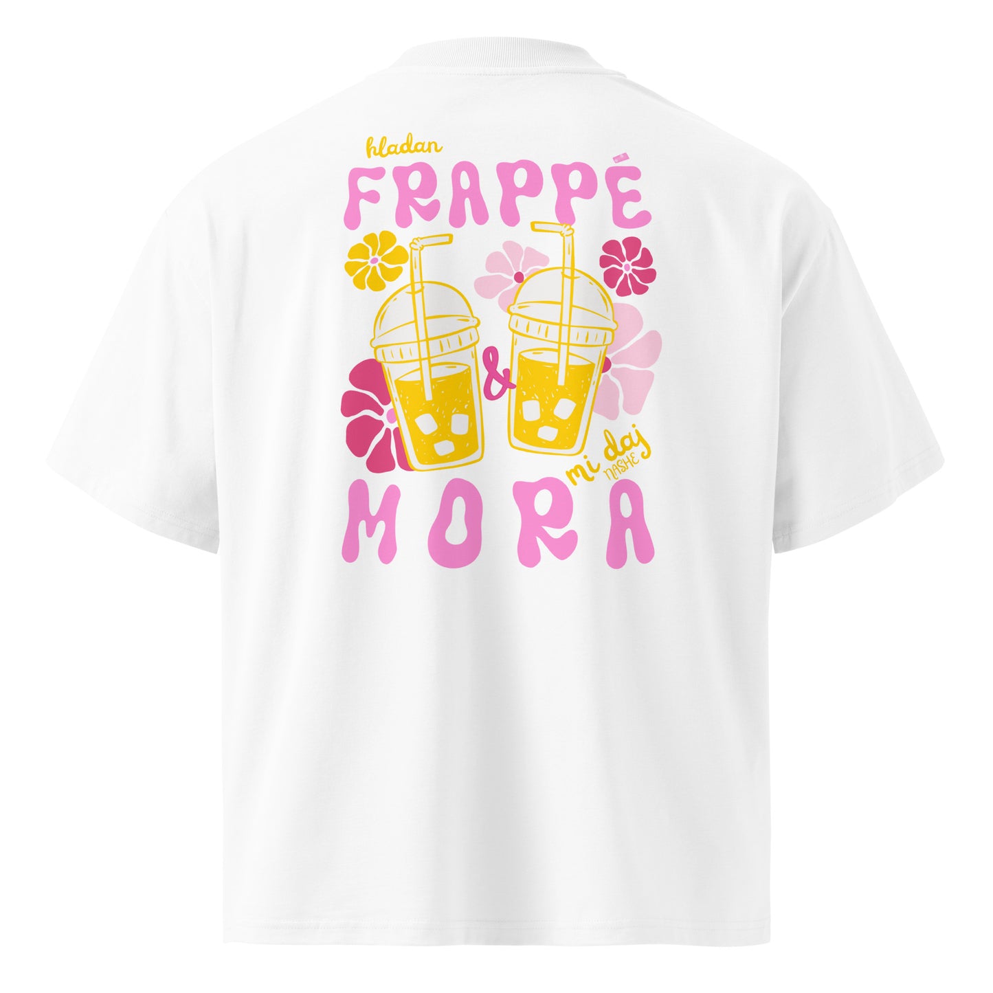 Organic oversized high neck t-shirt women - Hladan frappé i mora mi daj in white, back view, NASHE Balkan T-shirt