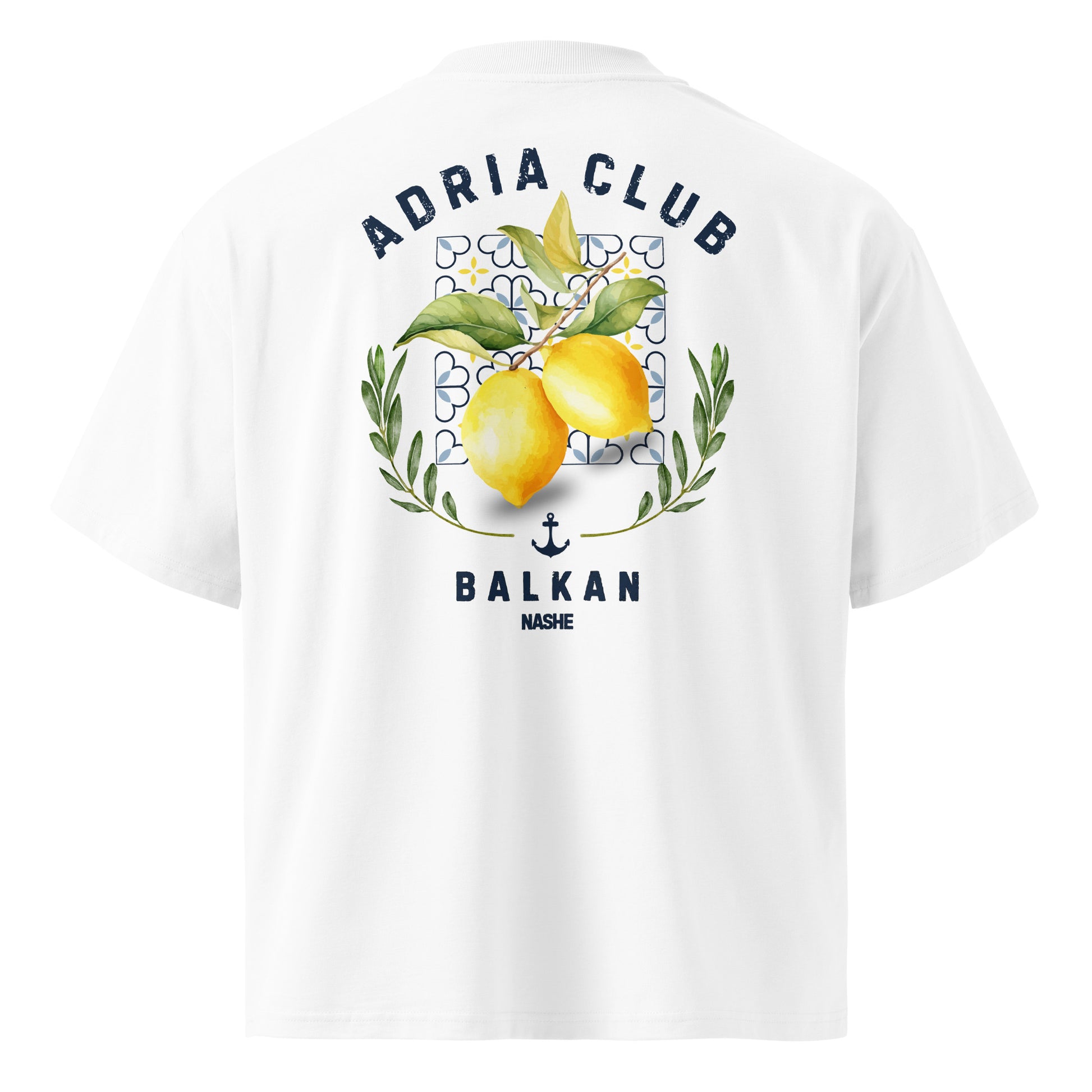 Organic oversized high neck t-shirt men - Adria club Balkan in white, back view, NASHE Balkan T-shirt