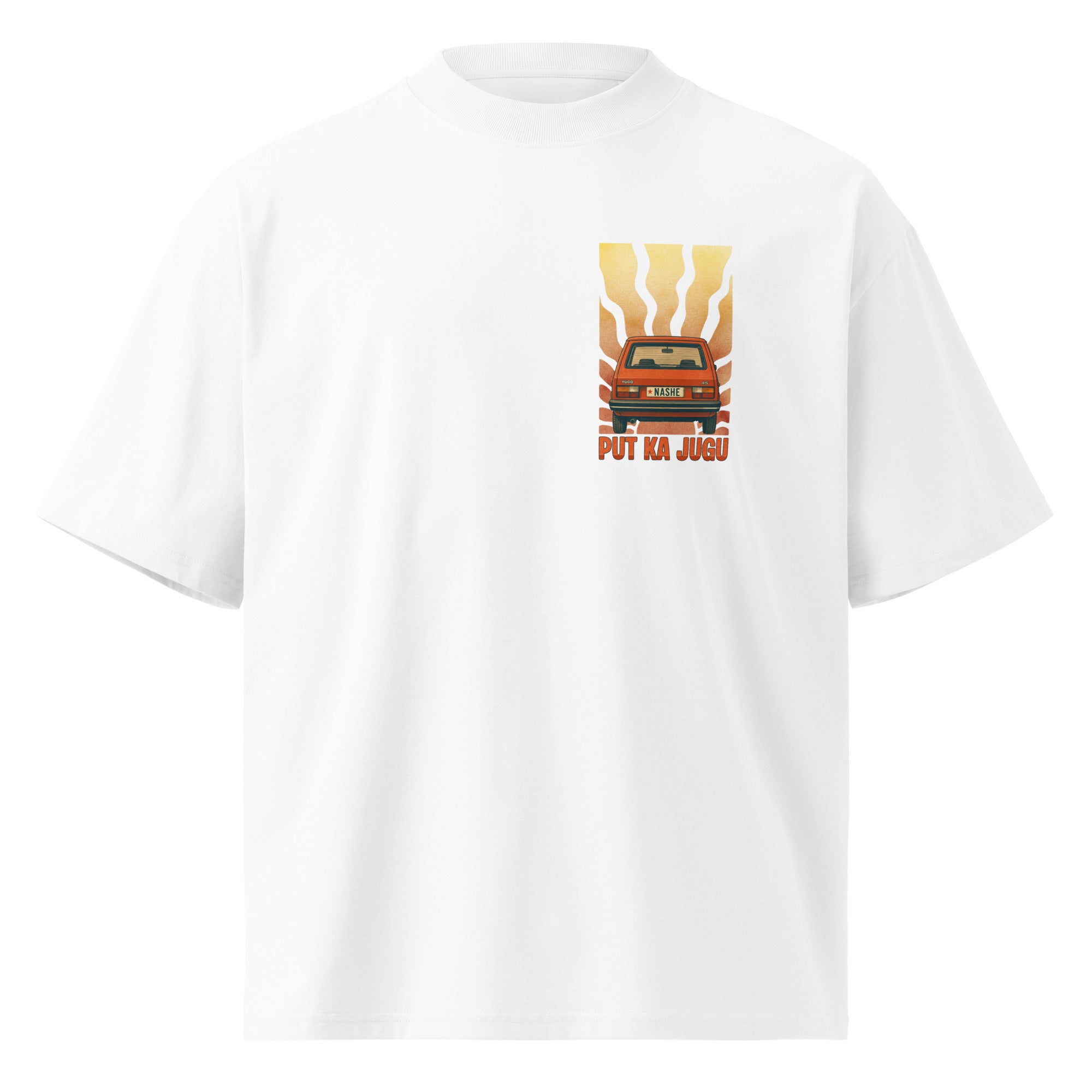 Organic oversized high neck t-shirt men - put ka jugu in white, front view, NASHE Balkan T-shirt