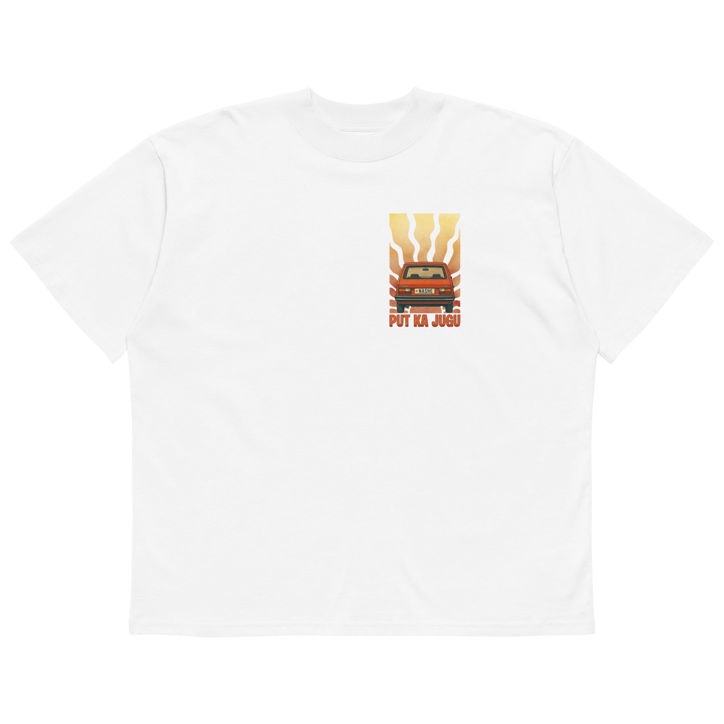 Organic oversized high neck t-shirt men - put ka jugu in white, front view, NASHE Balkan T-shirt