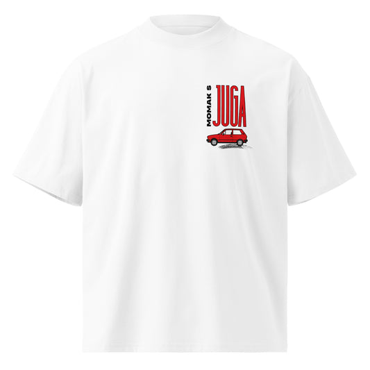 Organic oversized high neck t-shirt men - Momak s juga in white, front view, NASHE Balkan T-shirt