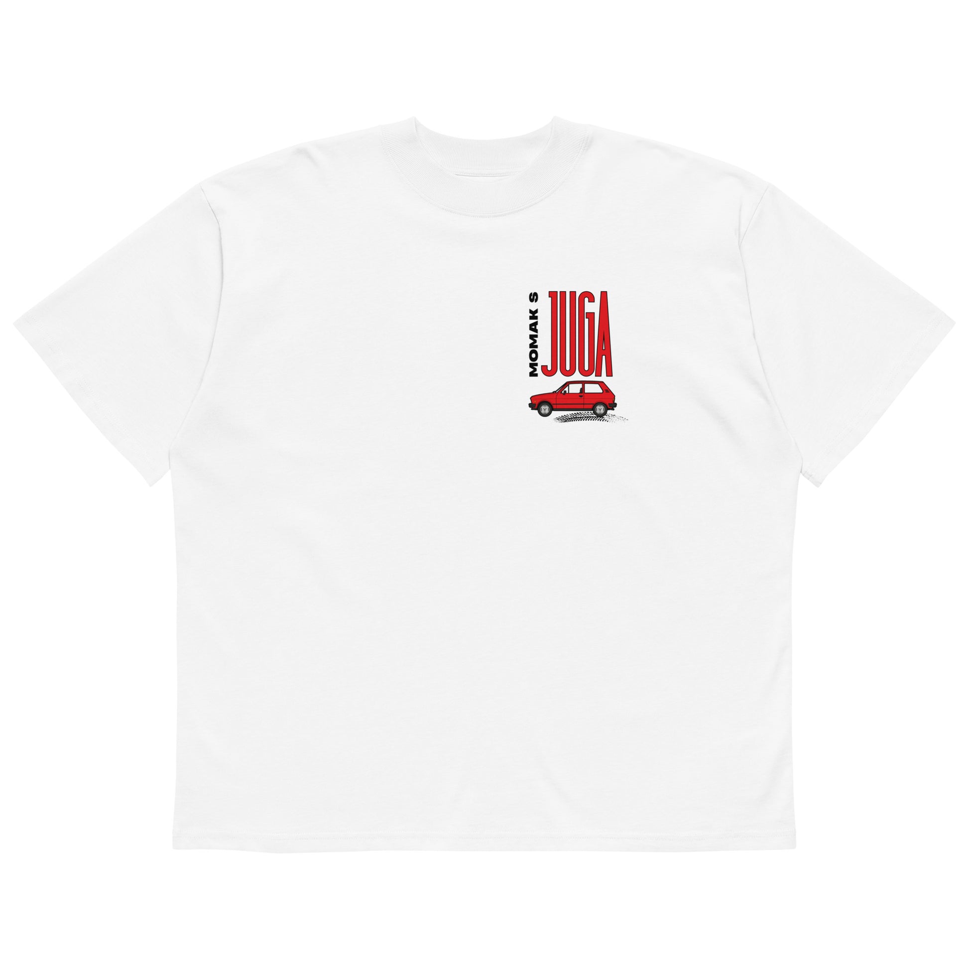 Organic oversized high neck t-shirt men - Momak s juga in white, front view, NASHE Balkan T-shirt