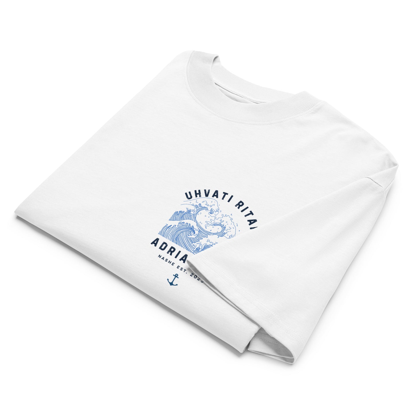 Organic oversized high neck t-shirt men - Uhvati ritam in white, front view, NASHE Balkan T-shirt