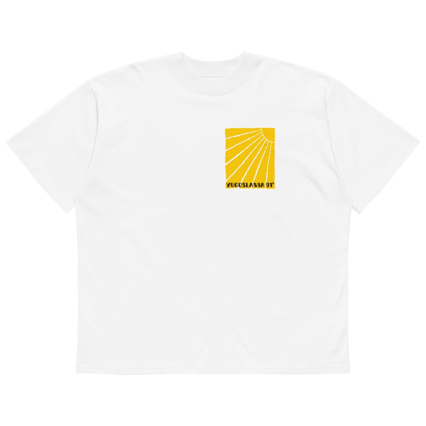 Organic oversized high neck t-shirt men - Yugoslavia 91' in white, front view, NASHE Balkan T-shirt