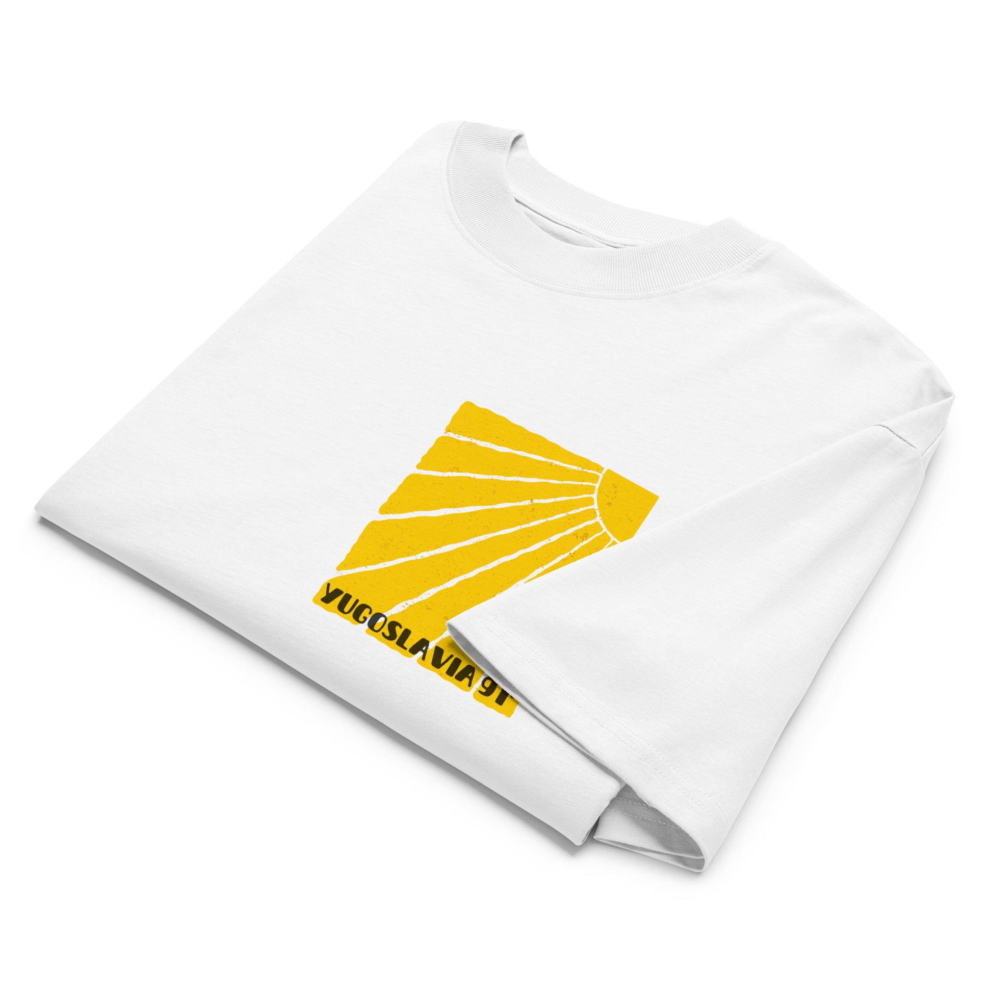 Organic oversized high neck t-shirt men - Yugoslavia 91' in white, front view, NASHE Balkan T-shirt