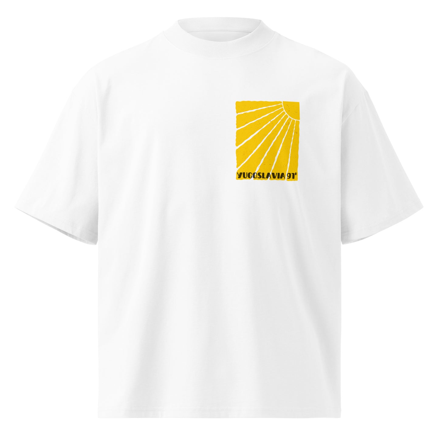 Organic oversized high neck t-shirt men - Yugoslavia 91' in white, front view, NASHE Balkan T-shirt