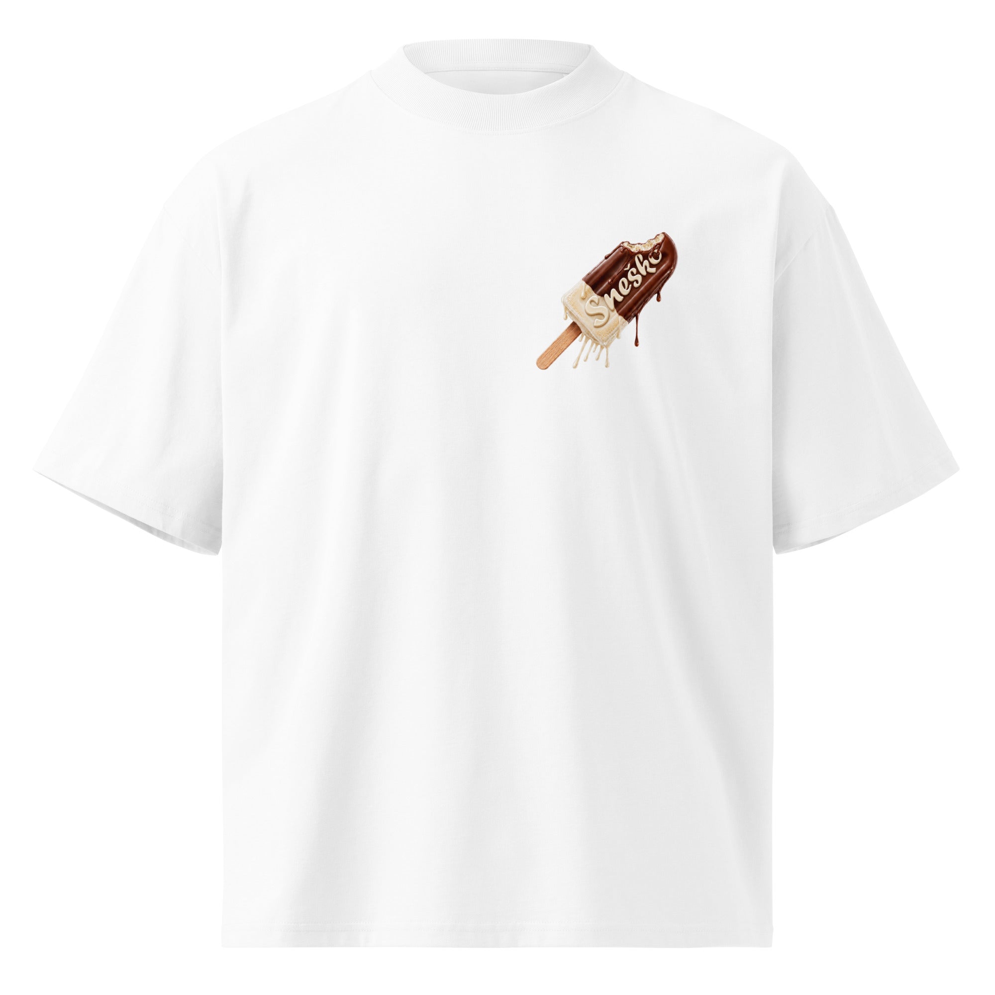 Organic oversized high neck t-shirt - Sneško in white, front view, NASHE Balkan T-shirt