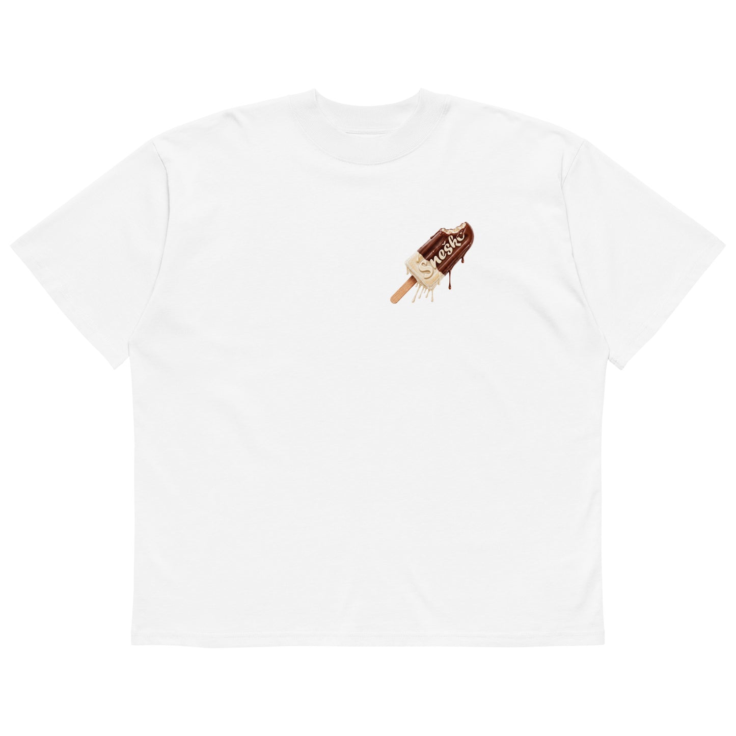 Organic oversized high neck t-shirt - Sneško in white, front view, NASHE Balkan T-shirt