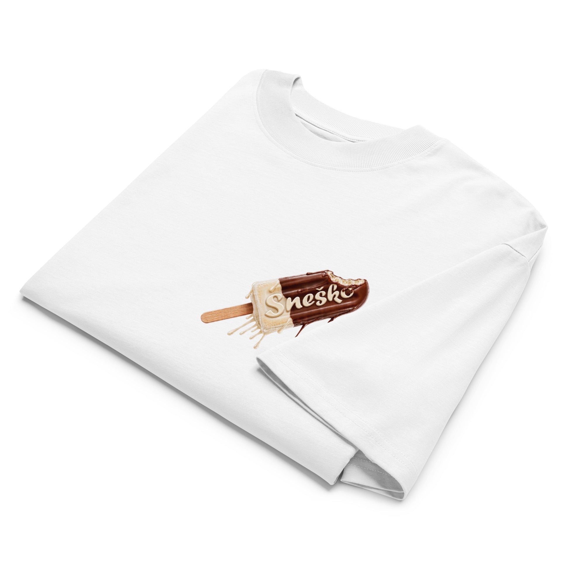 Organic oversized high neck t-shirt - Sneško in white, front view, NASHE Balkan T-shirt