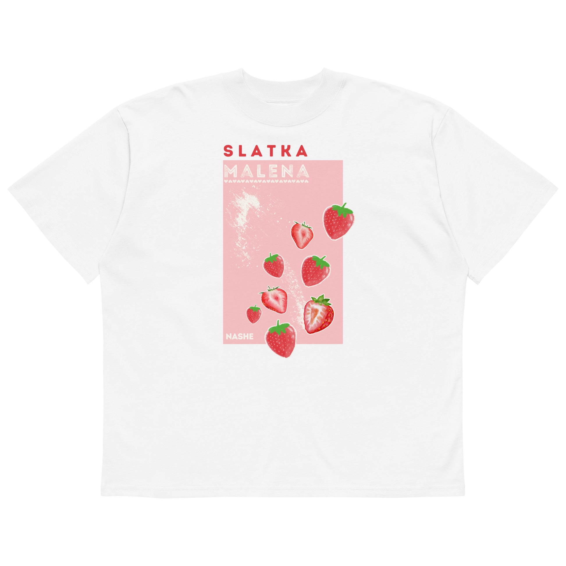 Organic oversized high neck t-shirt women - Slatka malena in white, front view, NASHE Balkan T-shirt