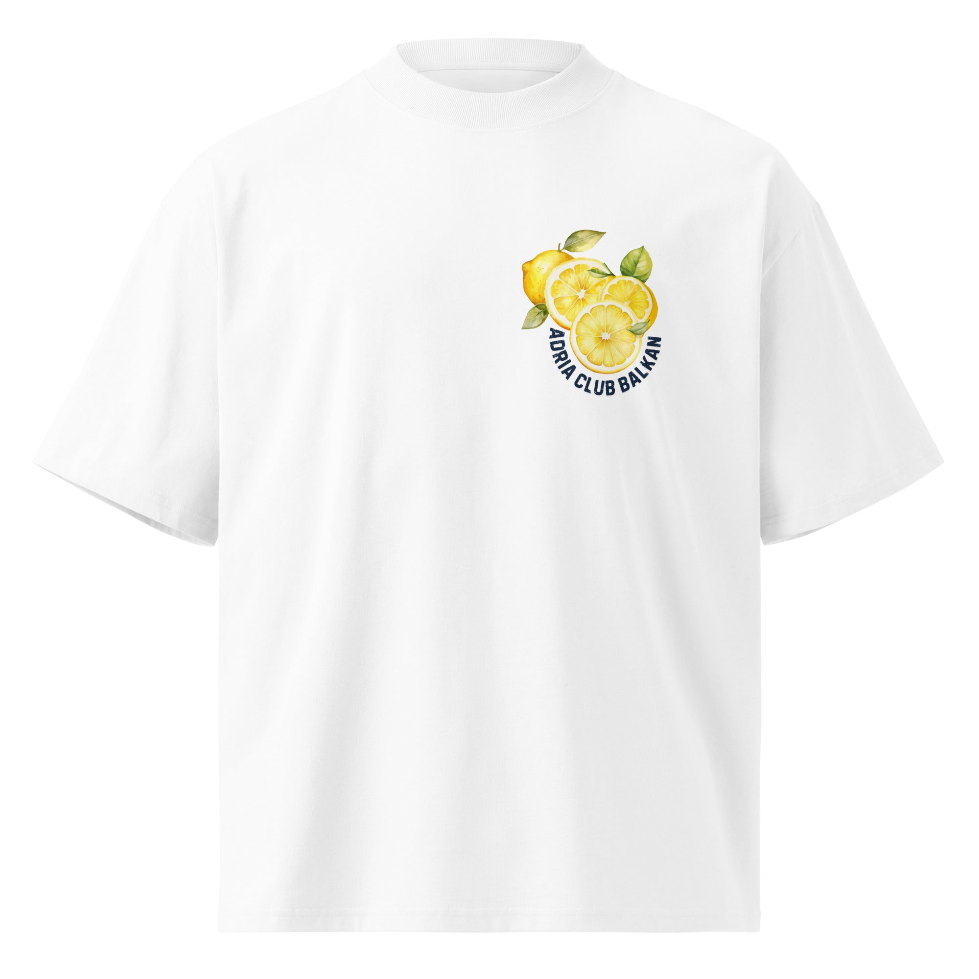 Organic oversized high neck t-shirt men - Adria club Balkan in white, front view, NASHE Balkan T-shirt