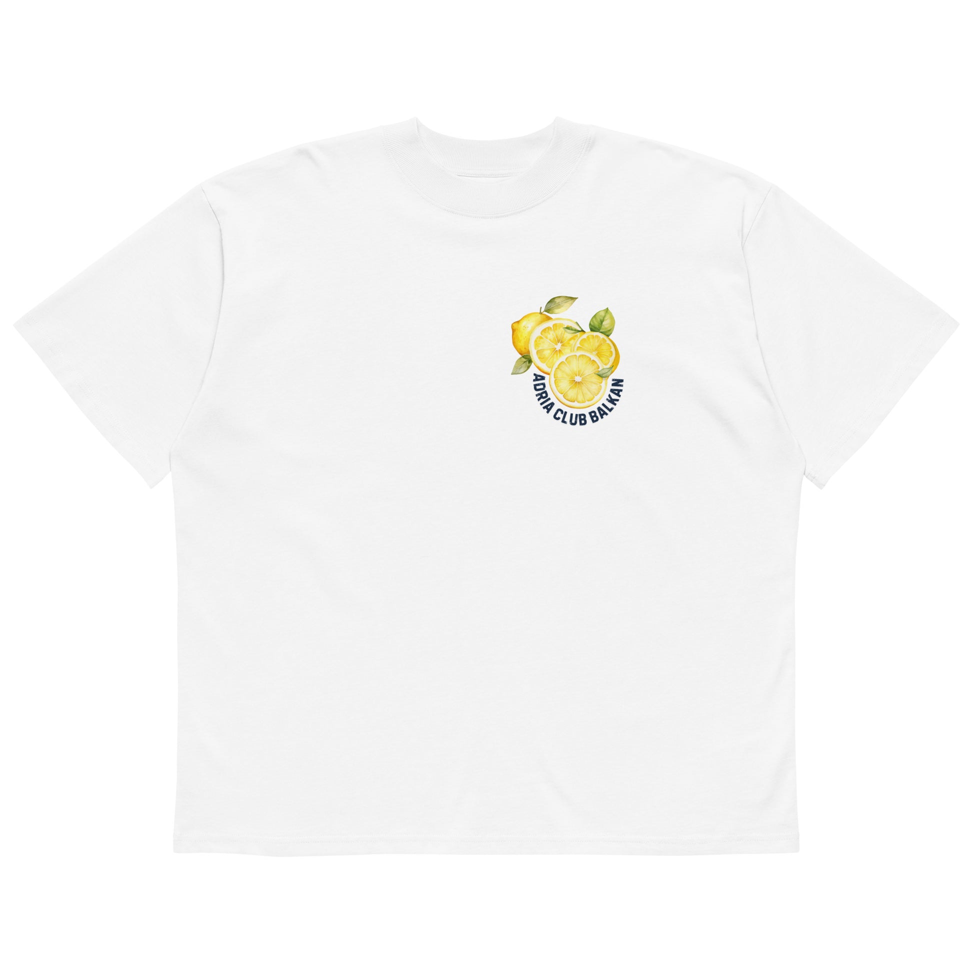 Organic oversized high neck t-shirt men - Adria club Balkan in white, front view, NASHE Balkan T-shirt