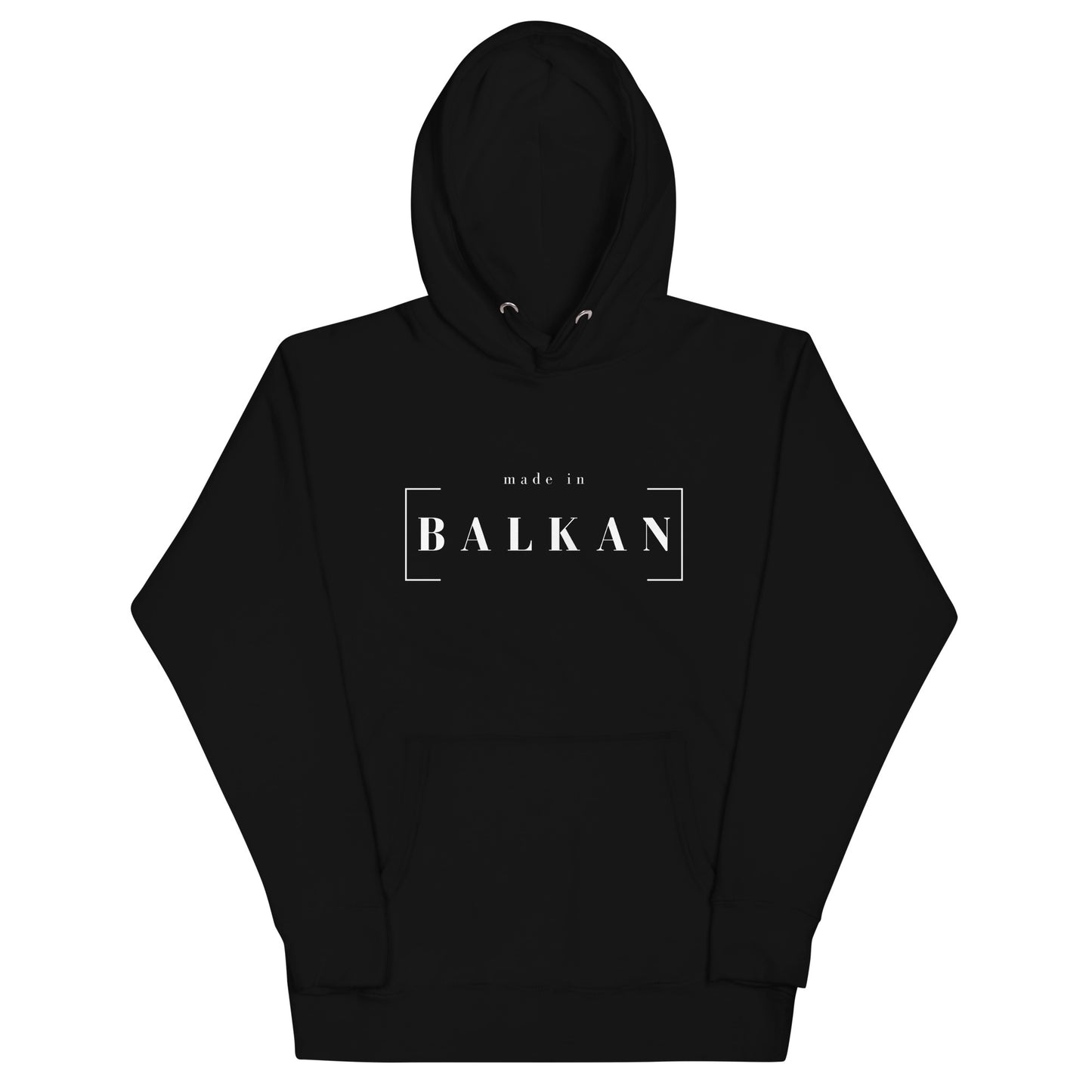 Hoodie men - made in Balkan in black, front view, NASHE Balkan hoodie