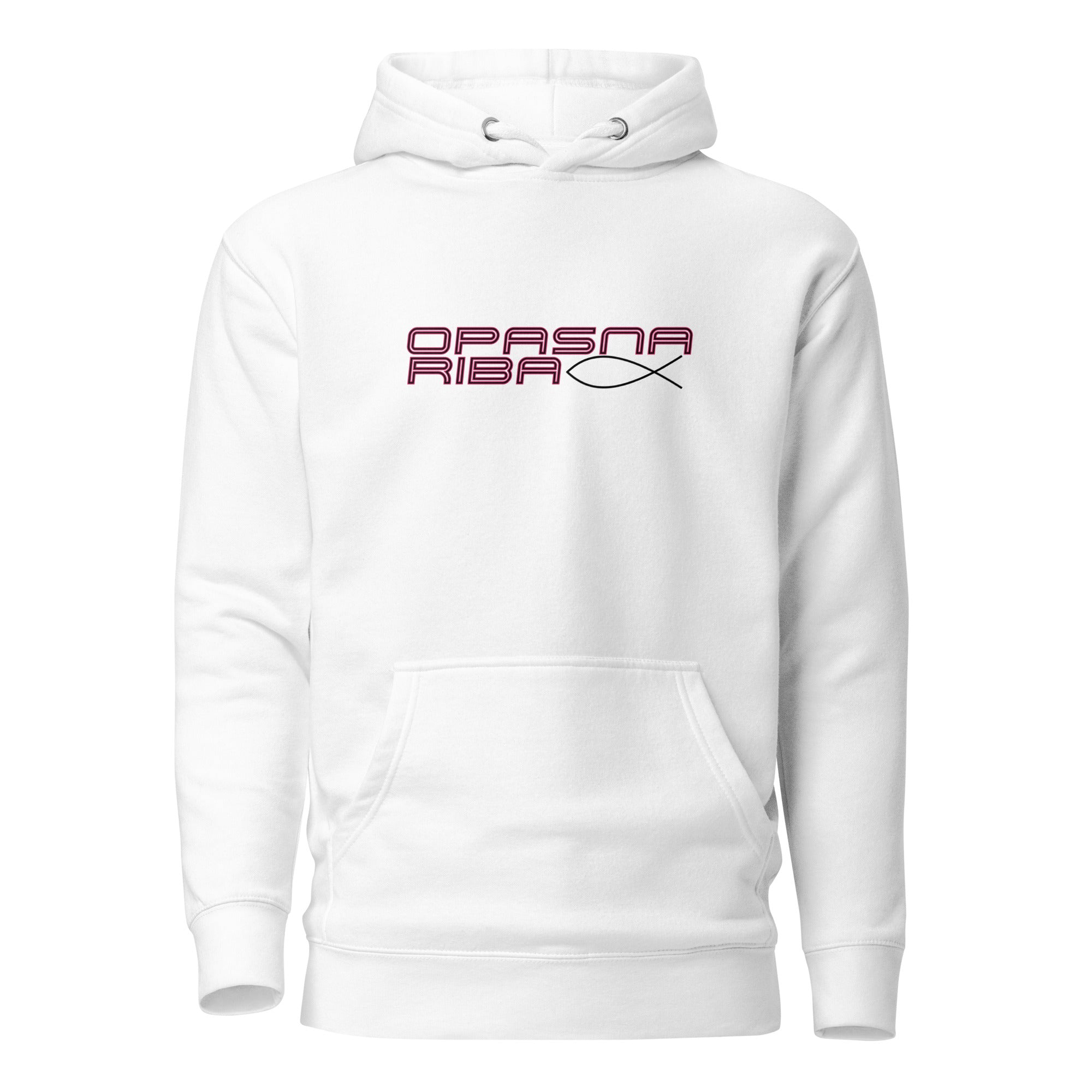Hoodie Women - opasna riba in white, front view, NASHE Balkan hoodie