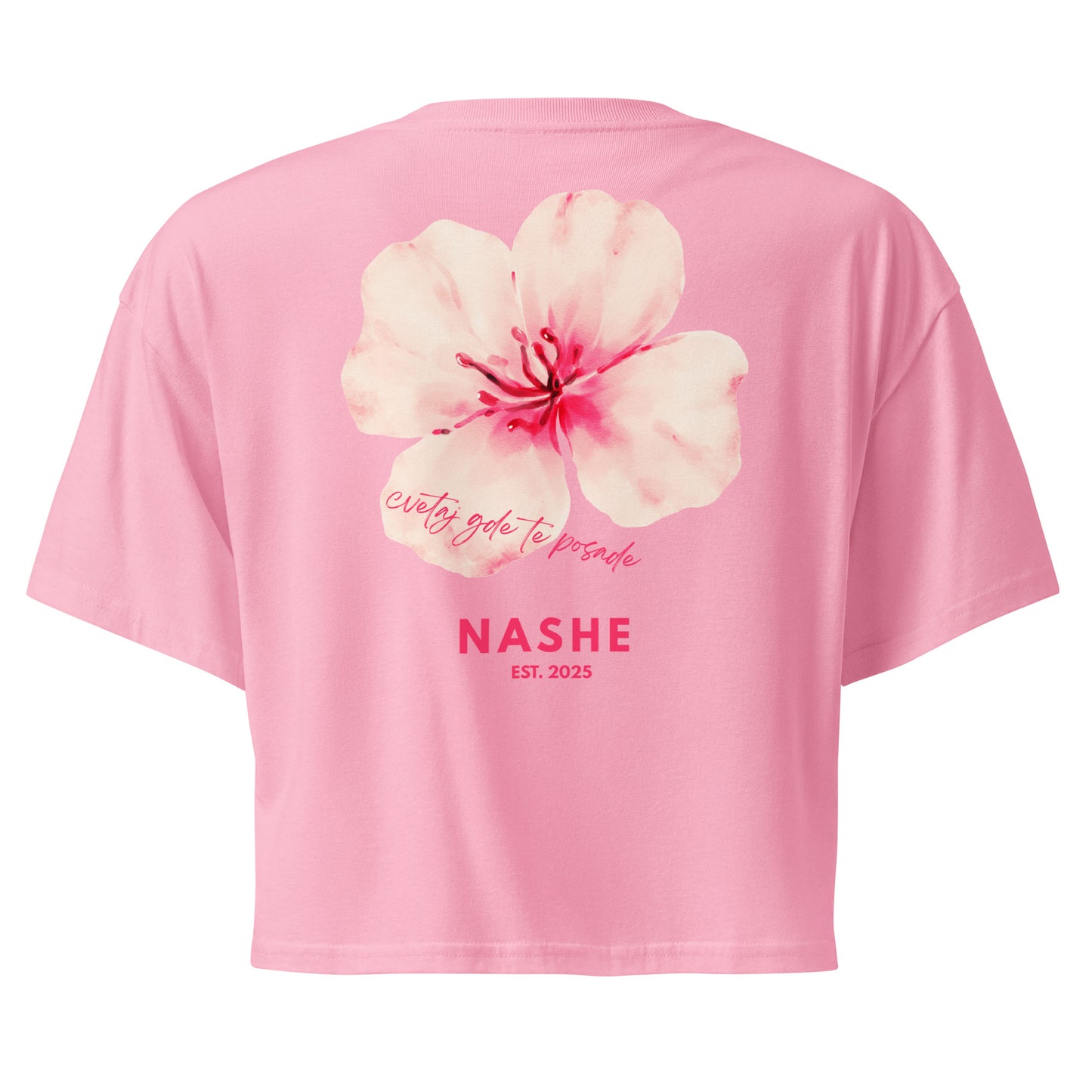 Women’s crop top - cvetaj gde te posade in bubblegum, back view, NASHE Balkan crop top