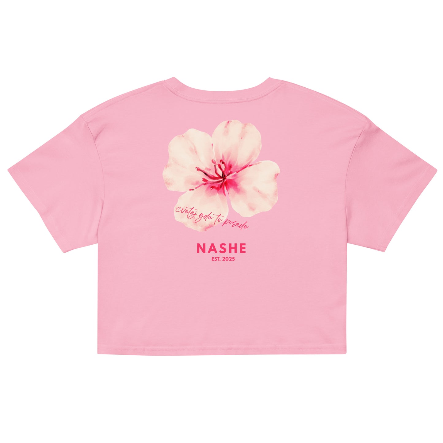 Women’s crop top - cvetaj gde te posade in bubblegum, back view, NASHE Balkan crop top