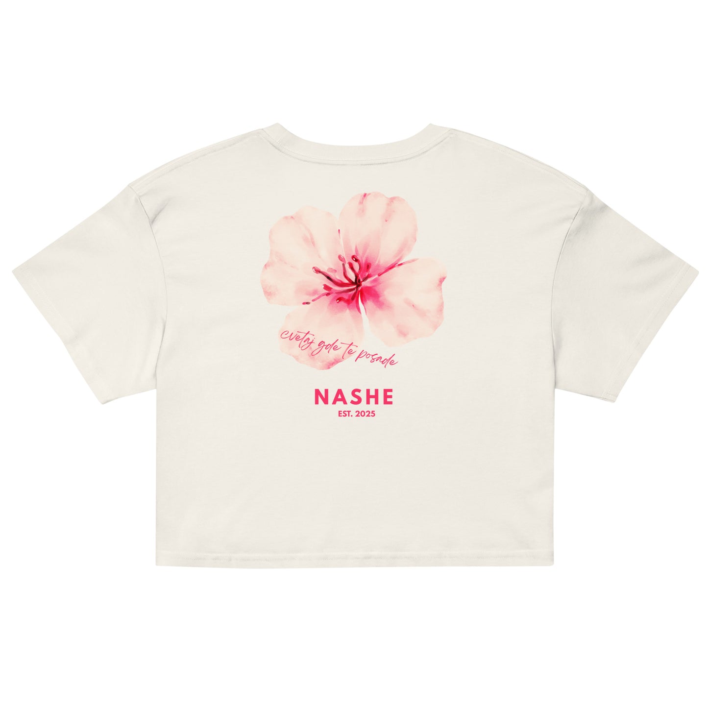 Women’s crop top - cvetaj gde te posade in ecru, back view, NASHE Balkan crop top