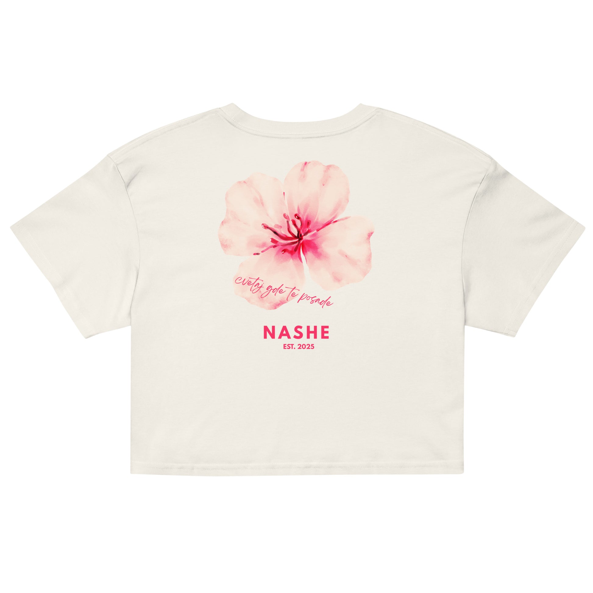 Women’s crop top - cvetaj gde te posade in ecru, back view, NASHE Balkan crop top