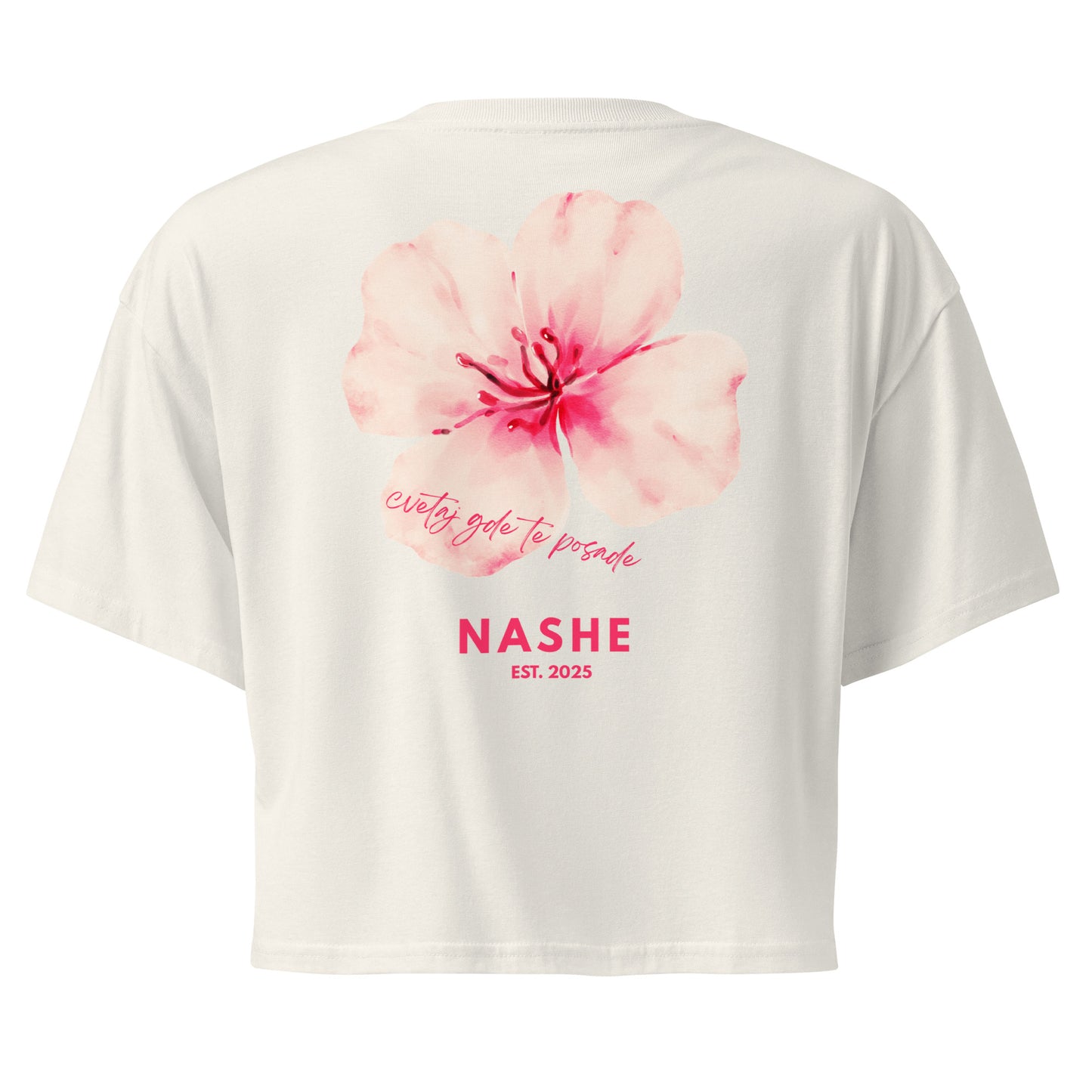 Women’s crop top - cvetaj gde te posade in ecru, back view, NASHE Balkan crop top