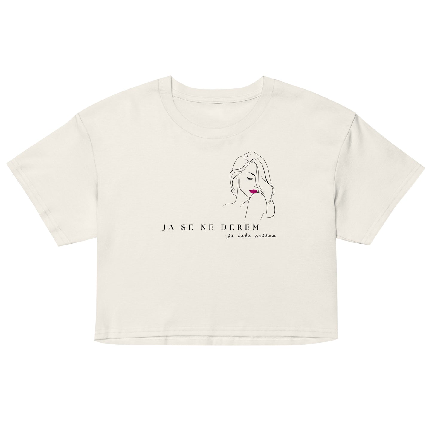 Women’s crop top - ja se ne derem, ja tako pričam in ecru, front view, NASHE Balkan crop top