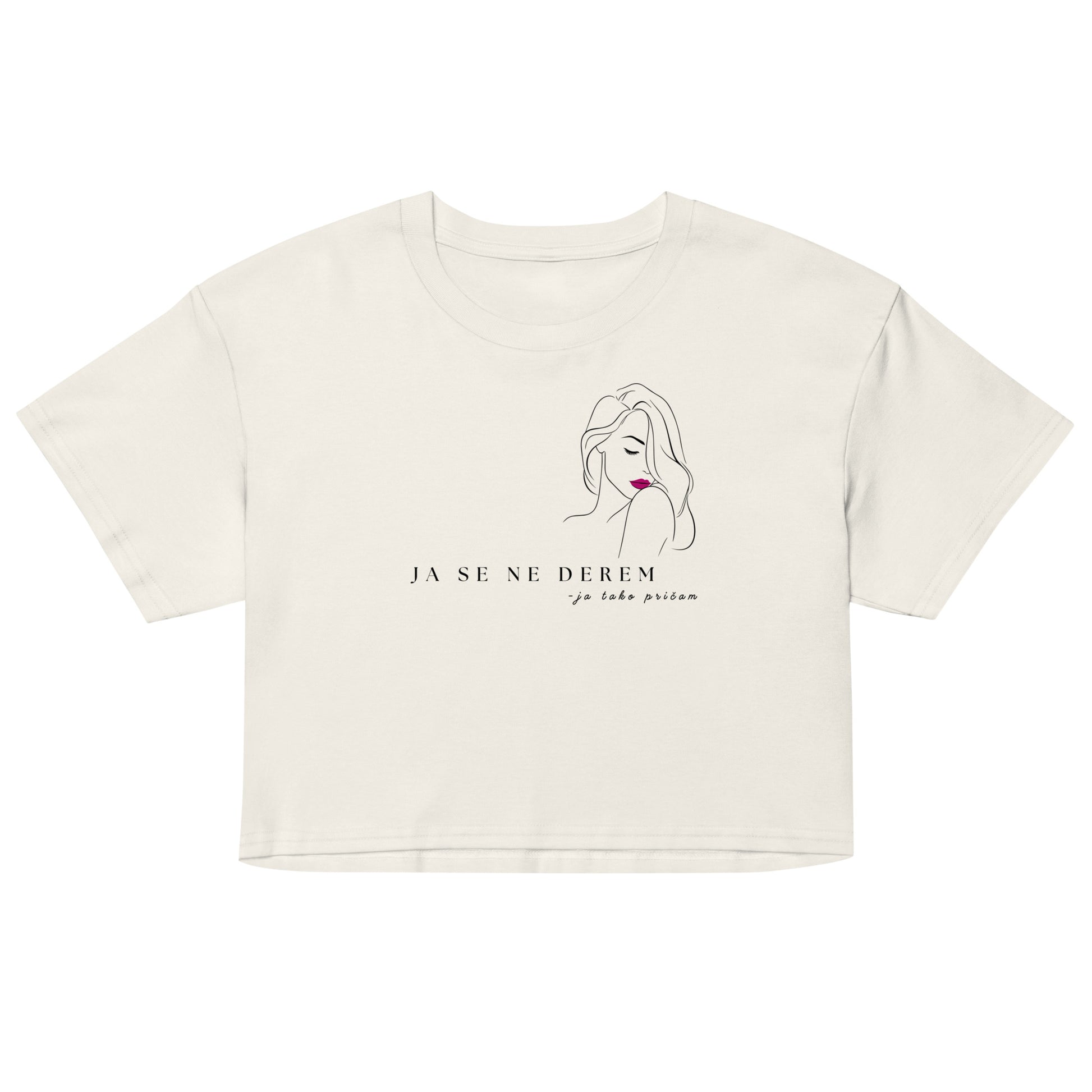 Women’s crop top - ja se ne derem, ja tako pričam in ecru, front view, NASHE Balkan crop top