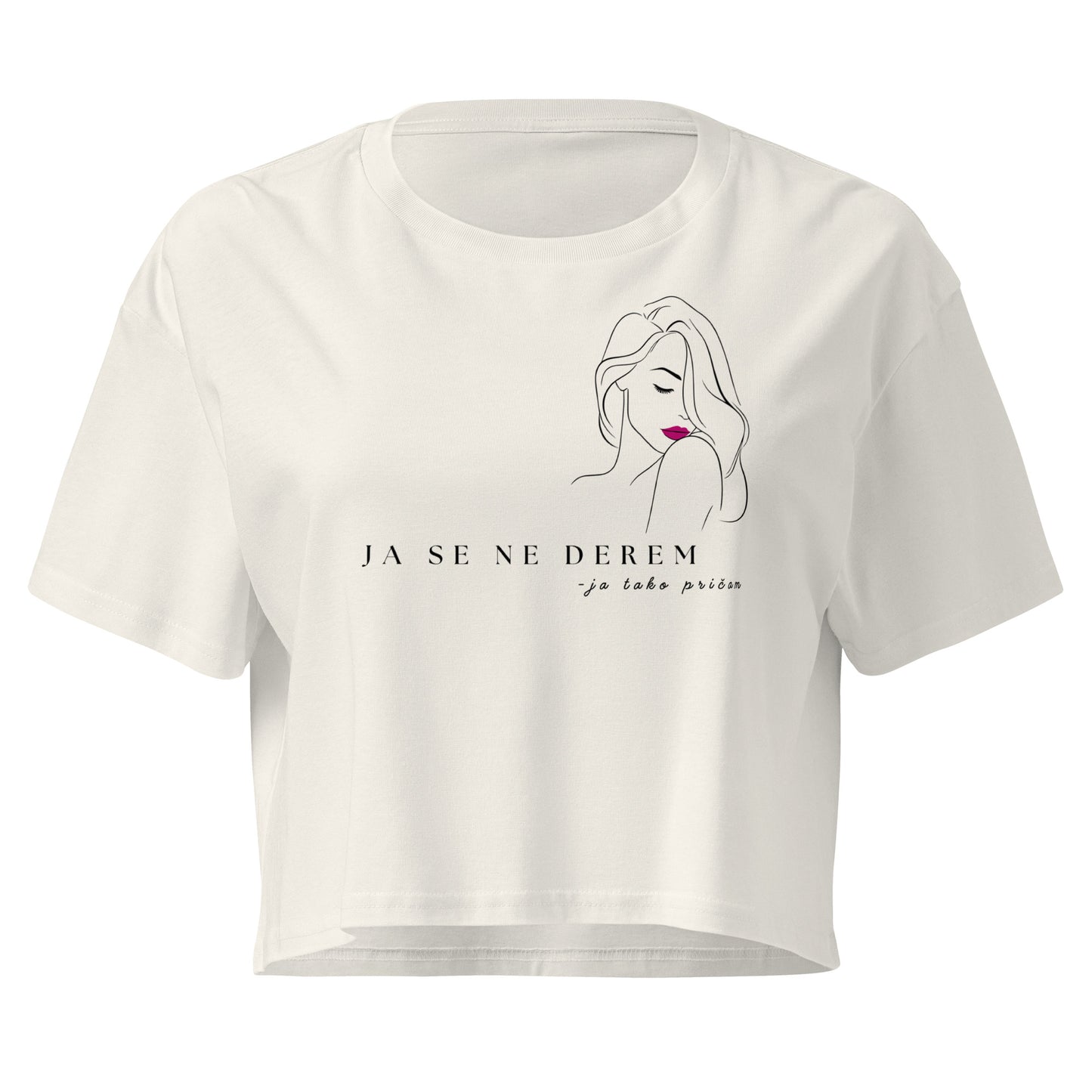 Women’s crop top - ja se ne derem, ja tako pričam in ecru, front view, NASHE Balkan crop top