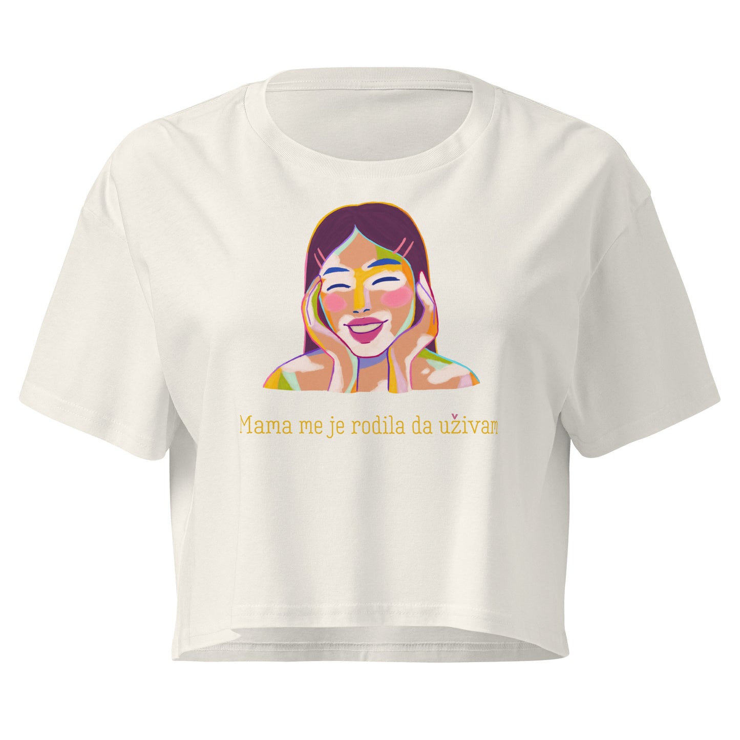 Women’s crop top - Mama me je rodila, da uživam in ecru, front view, NASHE Balkan crop top
