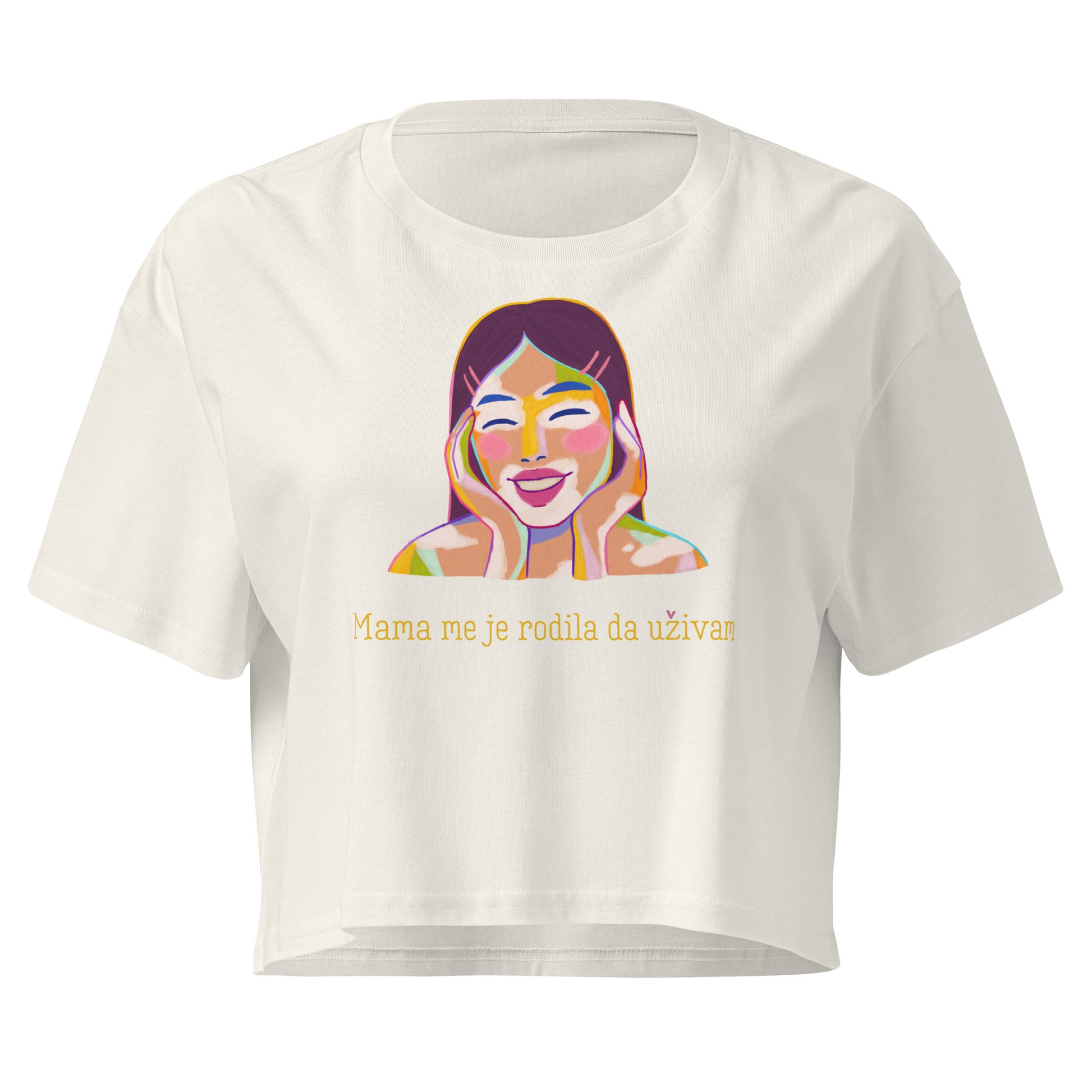 Women’s crop top - Mama me je rodila, da uživam in ecru, front view, NASHE Balkan crop top