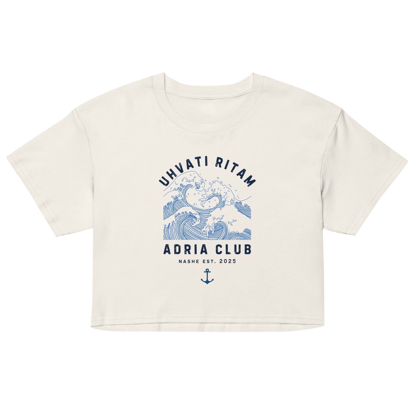 Women’s crop top - uhvati ritam in ecru, front view, NASHE Balkan crop top