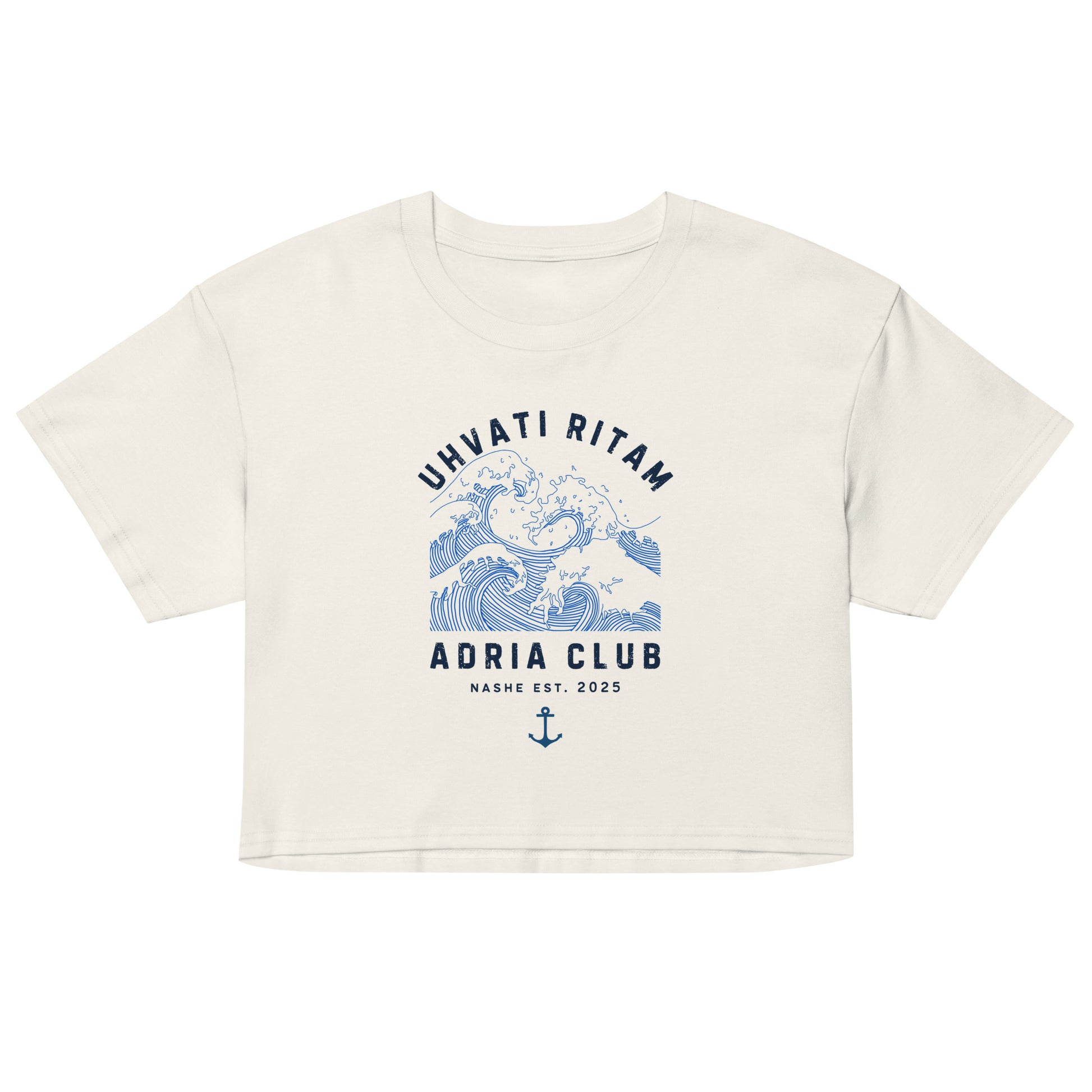 Women’s crop top - uhvati ritam in ecru, front view, NASHE Balkan crop top