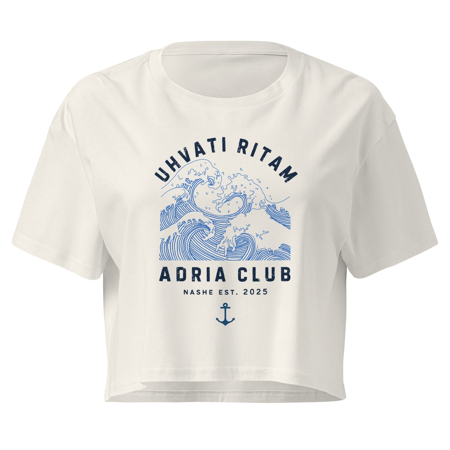 Women’s crop top - uhvati ritam in ecru, front view, NASHE Balkan crop top