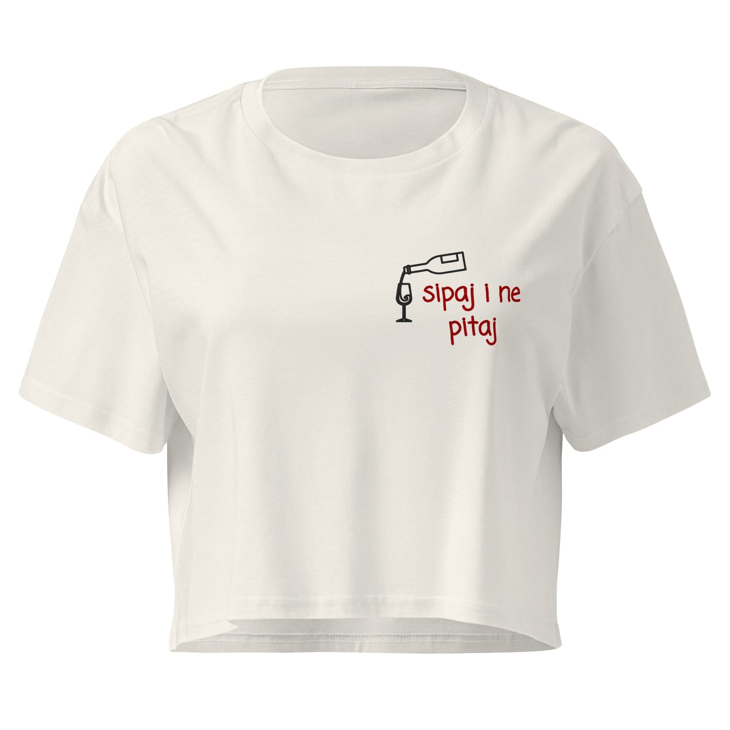 Women’s crop top - Sipaj i ne pitaj in ecru, front view, NASHE Balkan crop top