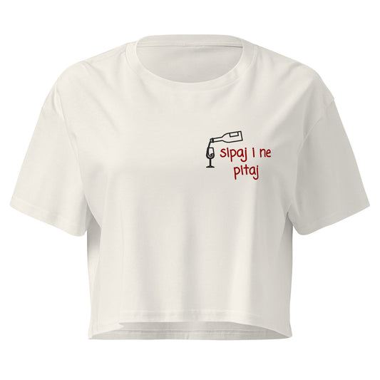 Women’s crop top - Sipaj i ne pitaj in ecru, front view, NASHE Balkan crop top