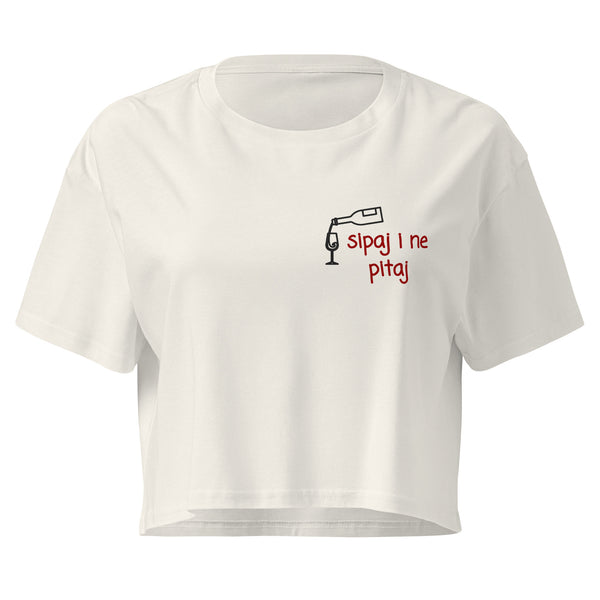 Women’s crop top - Sipaj i ne pitaj in ecru, front view, NASHE Balkan crop top
