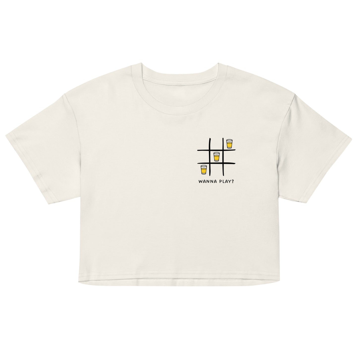 Women’s crop top - wanna play? in ecru, front view, NASHE Balkan crop top