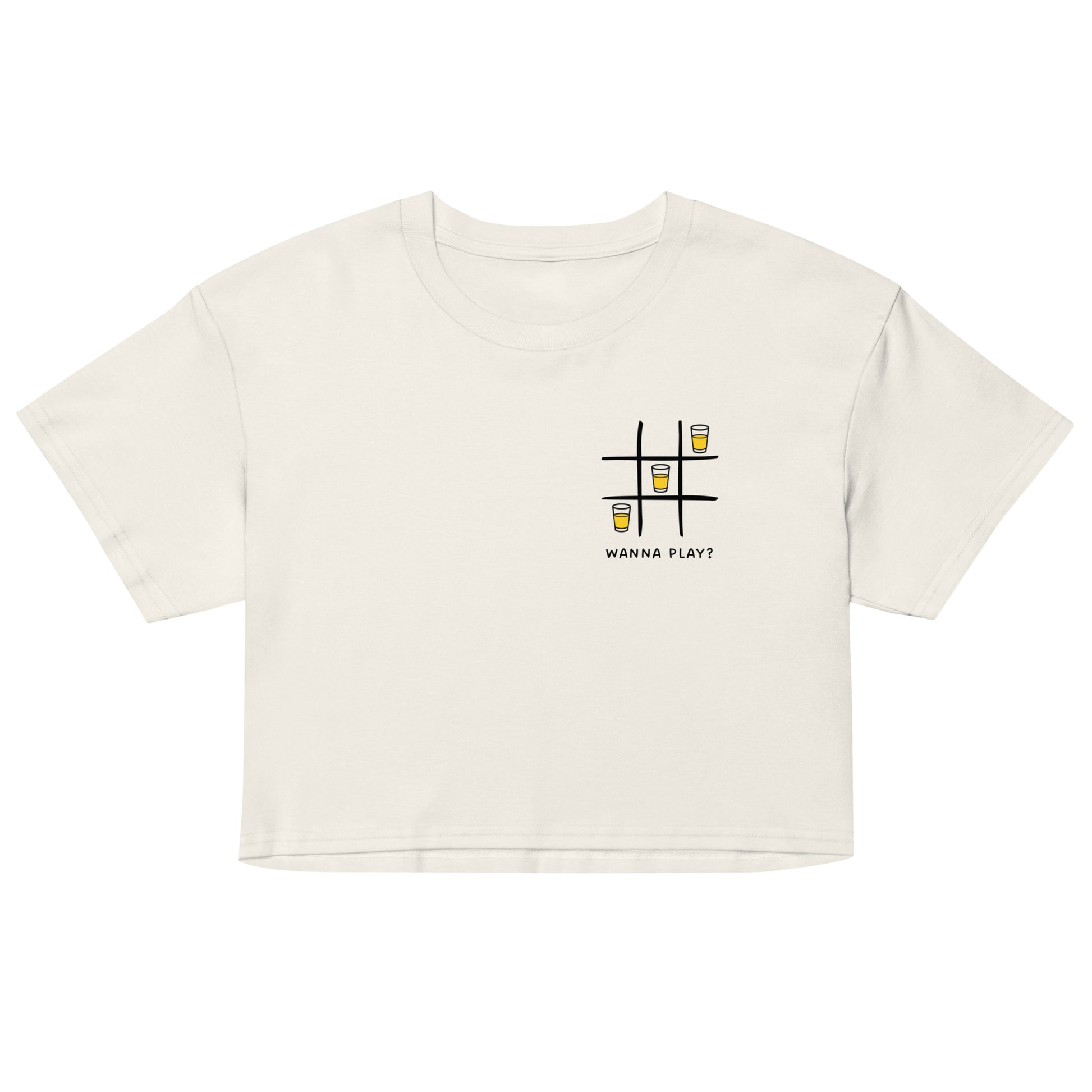 Women’s crop top - wanna play? in ecru, front view, NASHE Balkan crop top