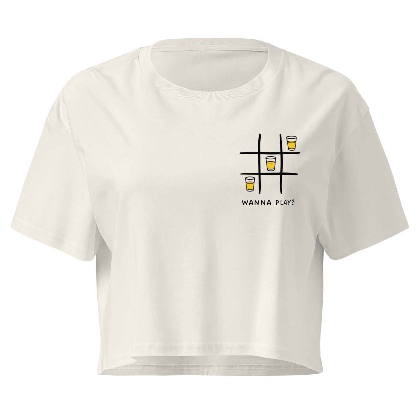 Women’s crop top - wanna play? in ecru, front view, NASHE Balkan crop top