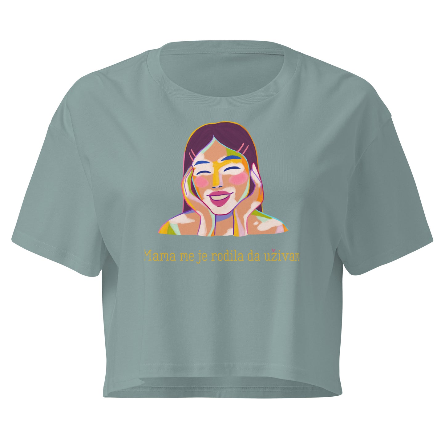 Women’s crop top - Mama me je rodila, da uživam in front view, NASHE Balkan crop top