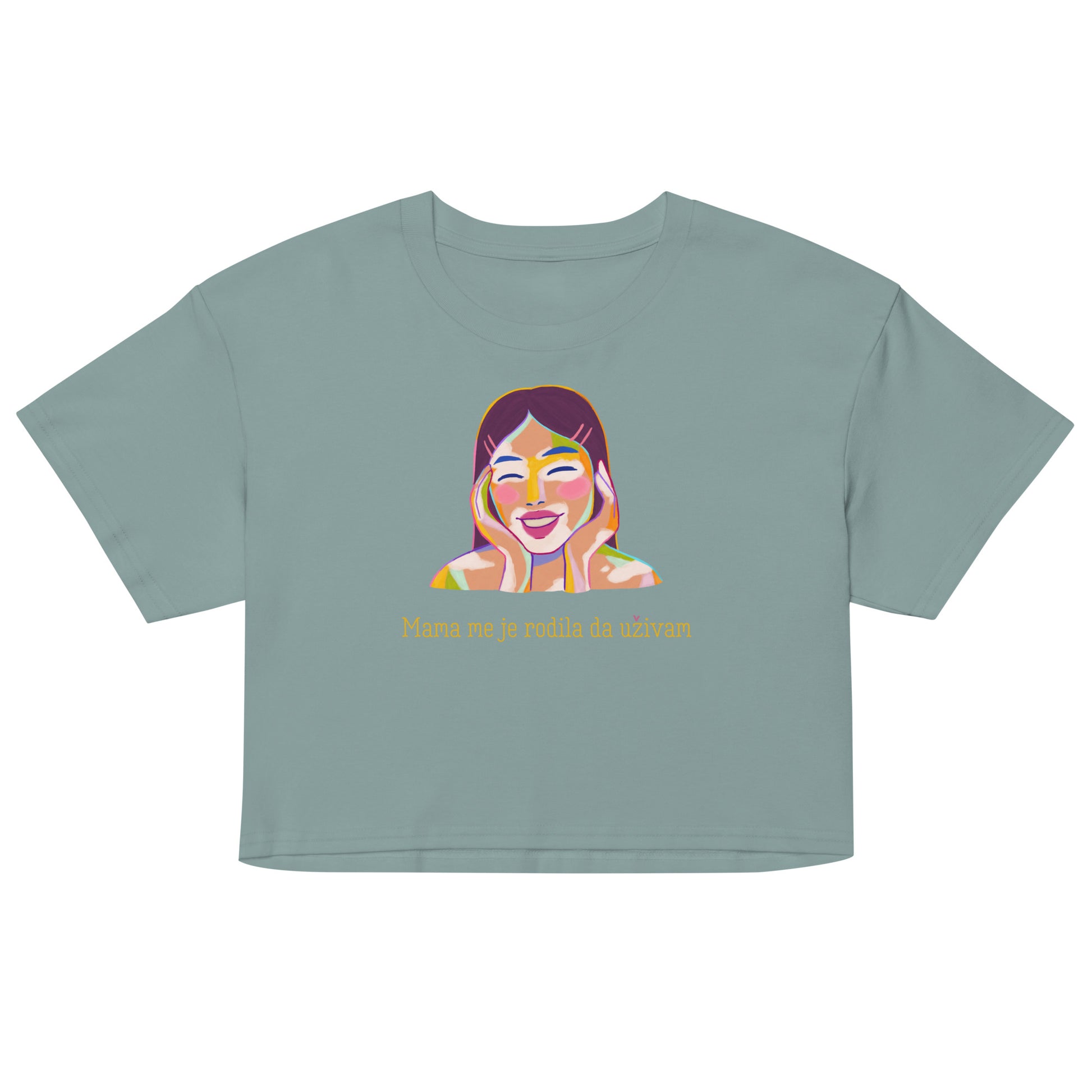 Women’s crop top - Mama me je rodila, da uživam in front view, NASHE Balkan crop top