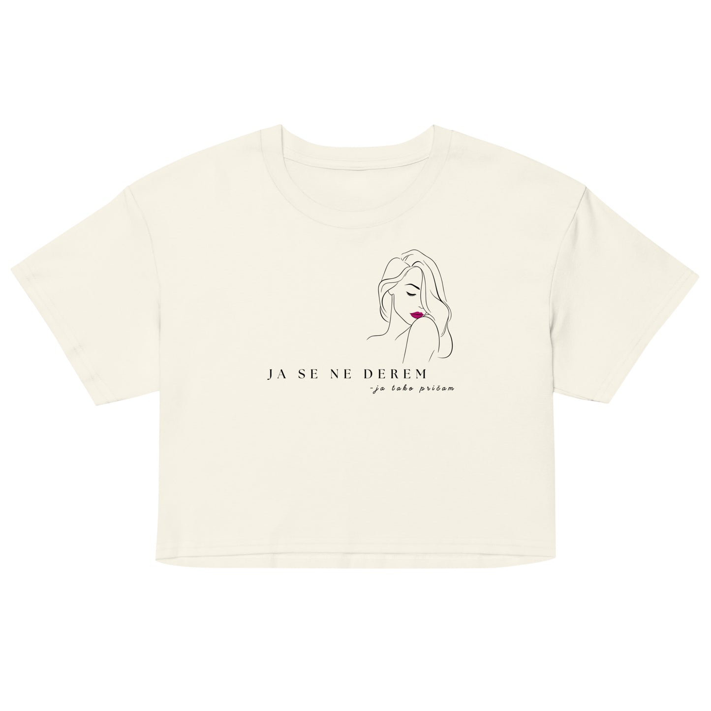 Women’s crop top - ja se ne derem, ja tako pričam in natural, front view, NASHE Balkan crop top