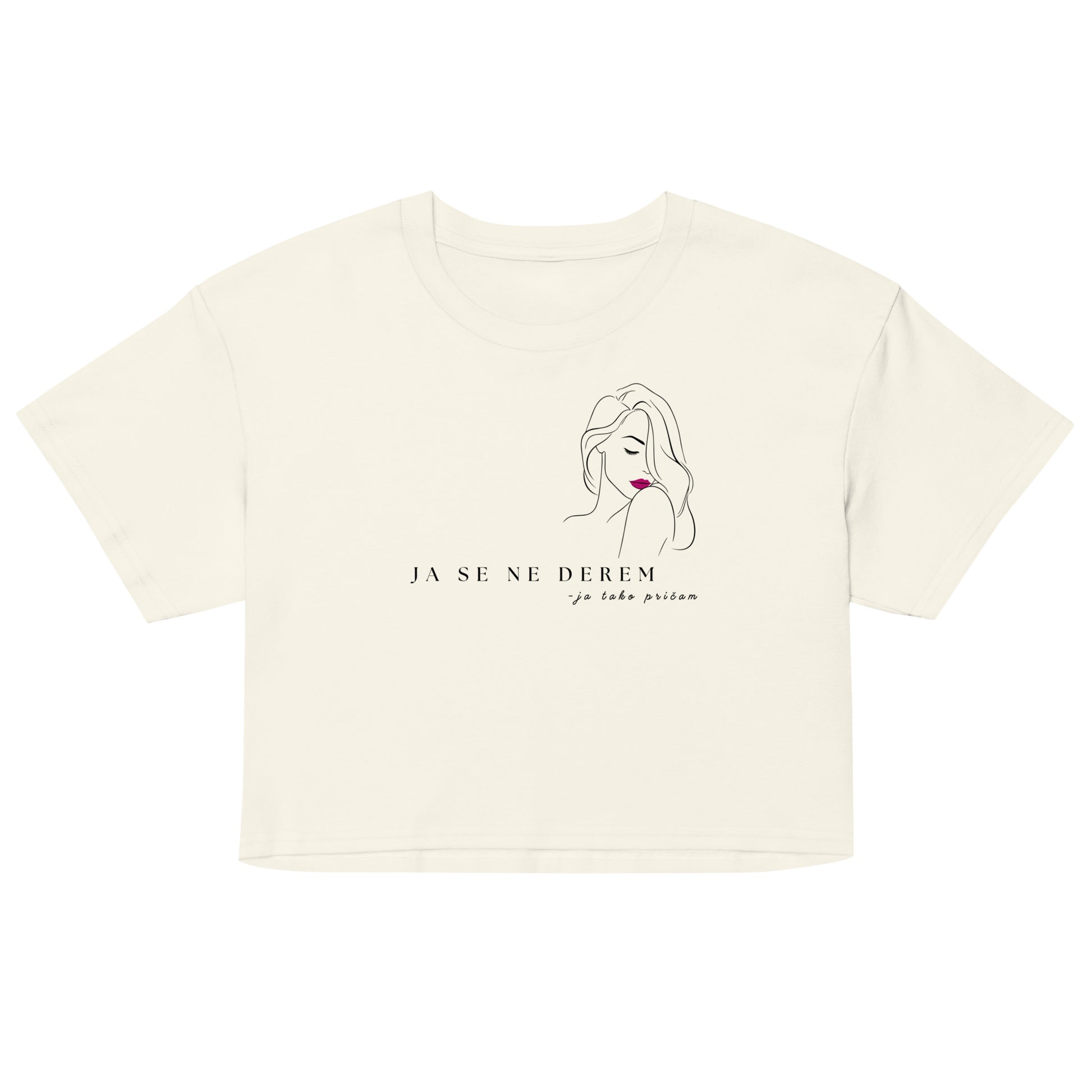 Women’s crop top - ja se ne derem, ja tako pričam in natural, front view, NASHE Balkan crop top