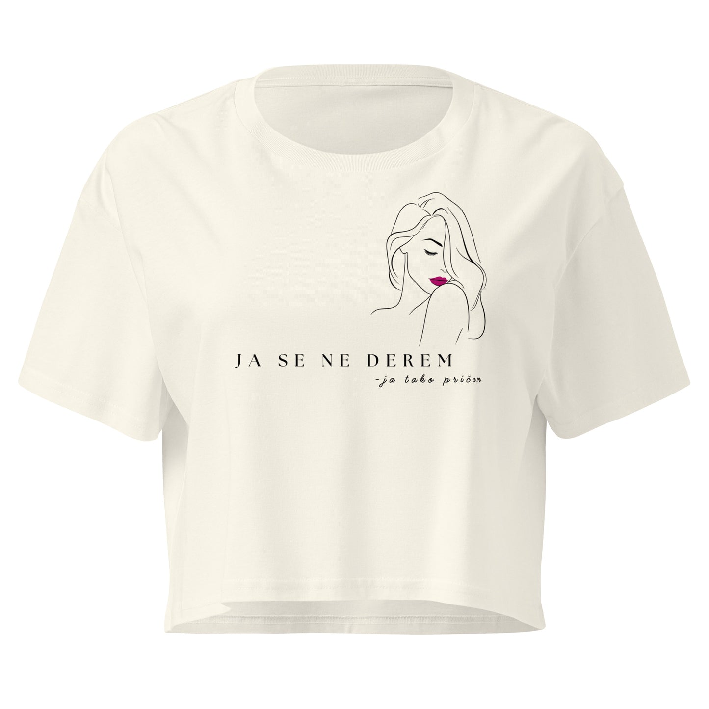 Women’s crop top - ja se ne derem, ja tako pričam in natural, front view, NASHE Balkan crop top
