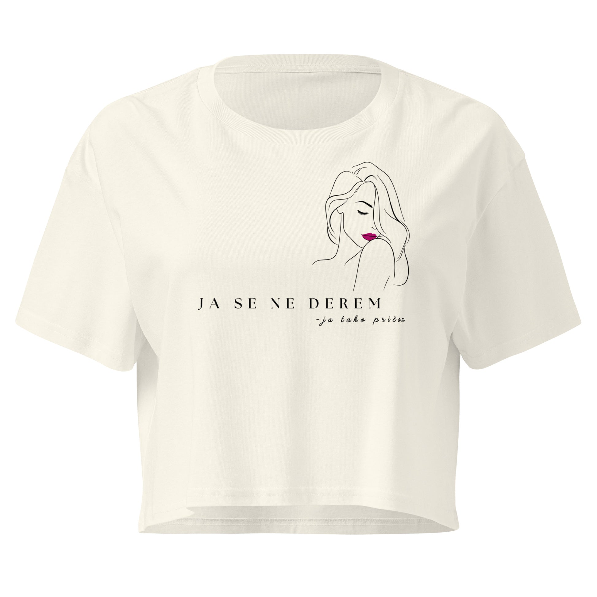 Women’s crop top - ja se ne derem, ja tako pričam in natural, front view, NASHE Balkan crop top