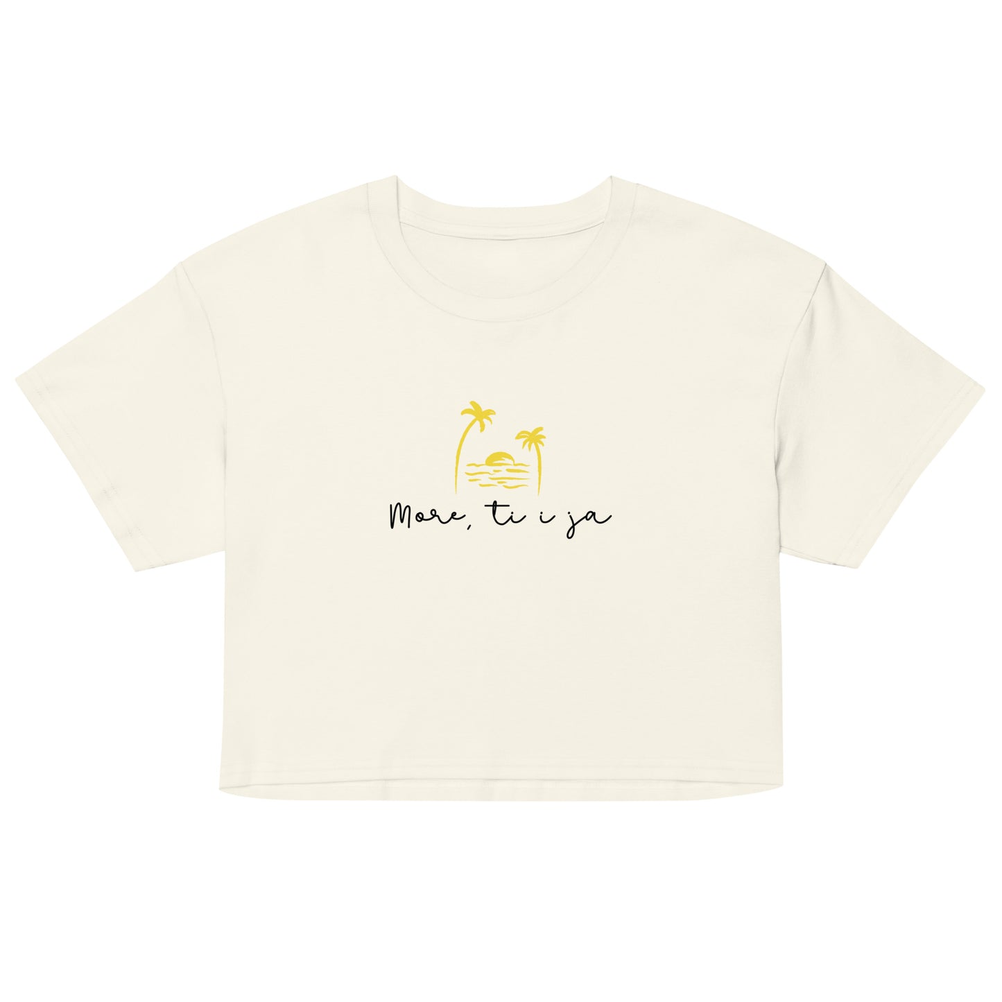 Women’s crop top - More, ti i ja in natural, front view, NASHE Balkan crop top