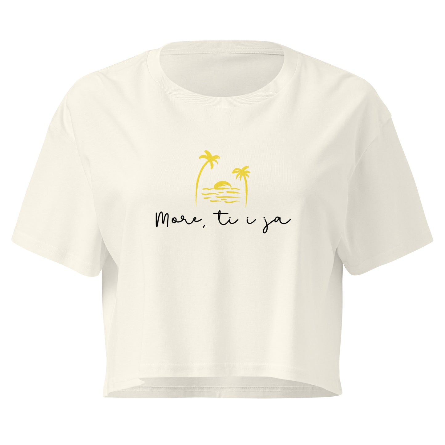 Women’s crop top - More, ti i ja in natural, front view, NASHE Balkan crop top