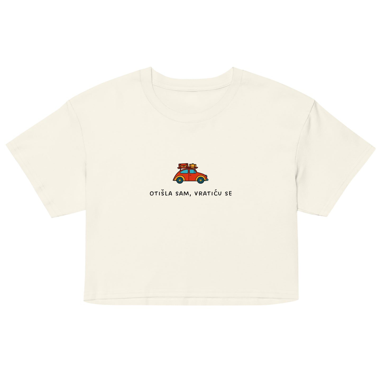 Women’s crop top - Otišla sam, vratiću se in natural, front view, NASHE Balkan crop top
