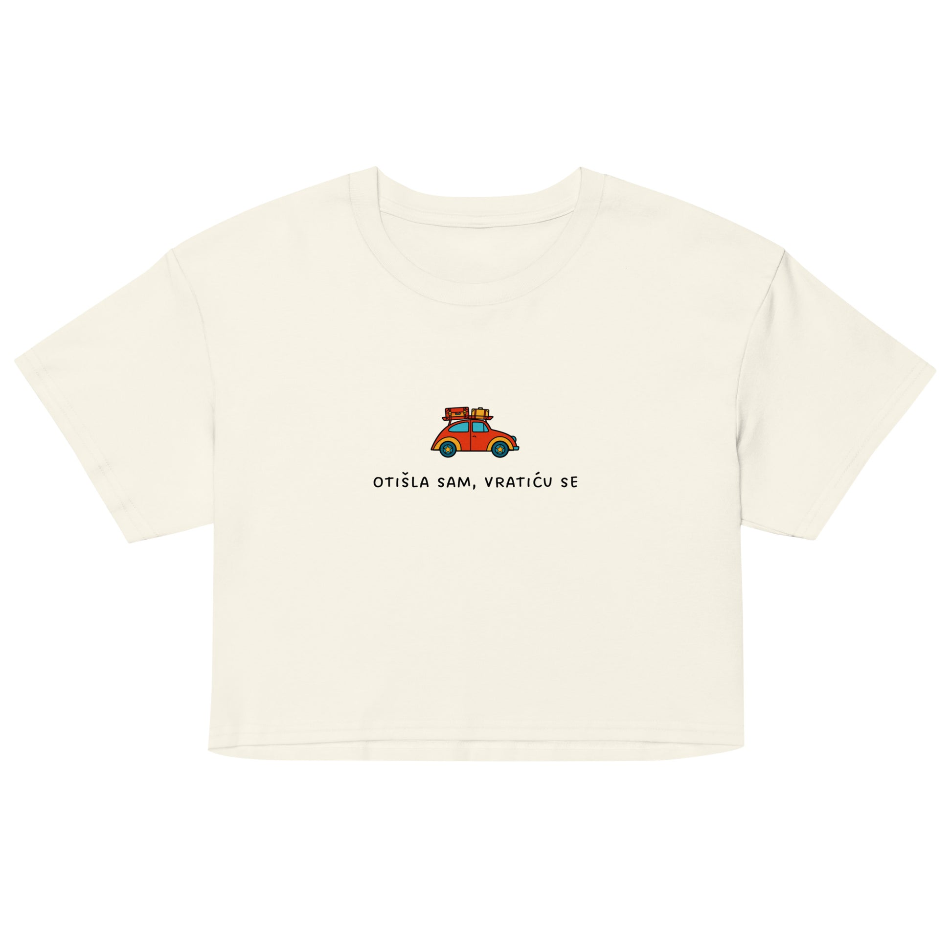 Women’s crop top - Otišla sam, vratiću se in natural, front view, NASHE Balkan crop top