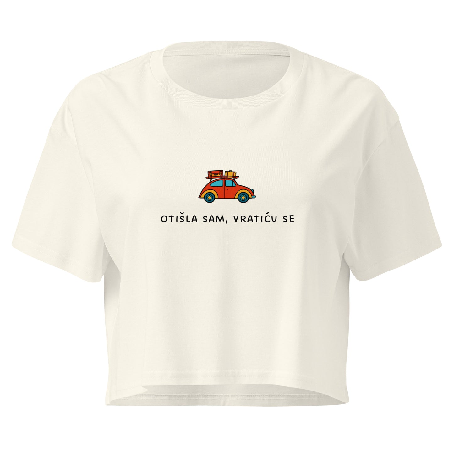 Women’s crop top - Otišla sam, vratiću se in natural, front view, NASHE Balkan crop top