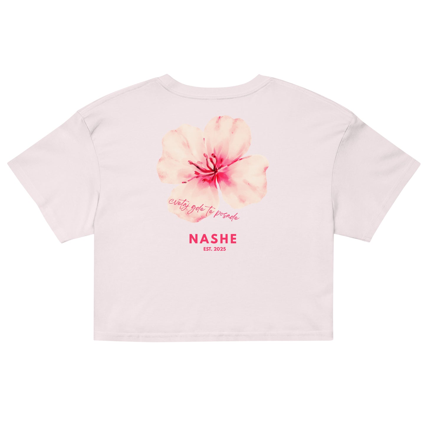 Women’s crop top - cvetaj gde te posade in orchid, back view, NASHE Balkan crop top