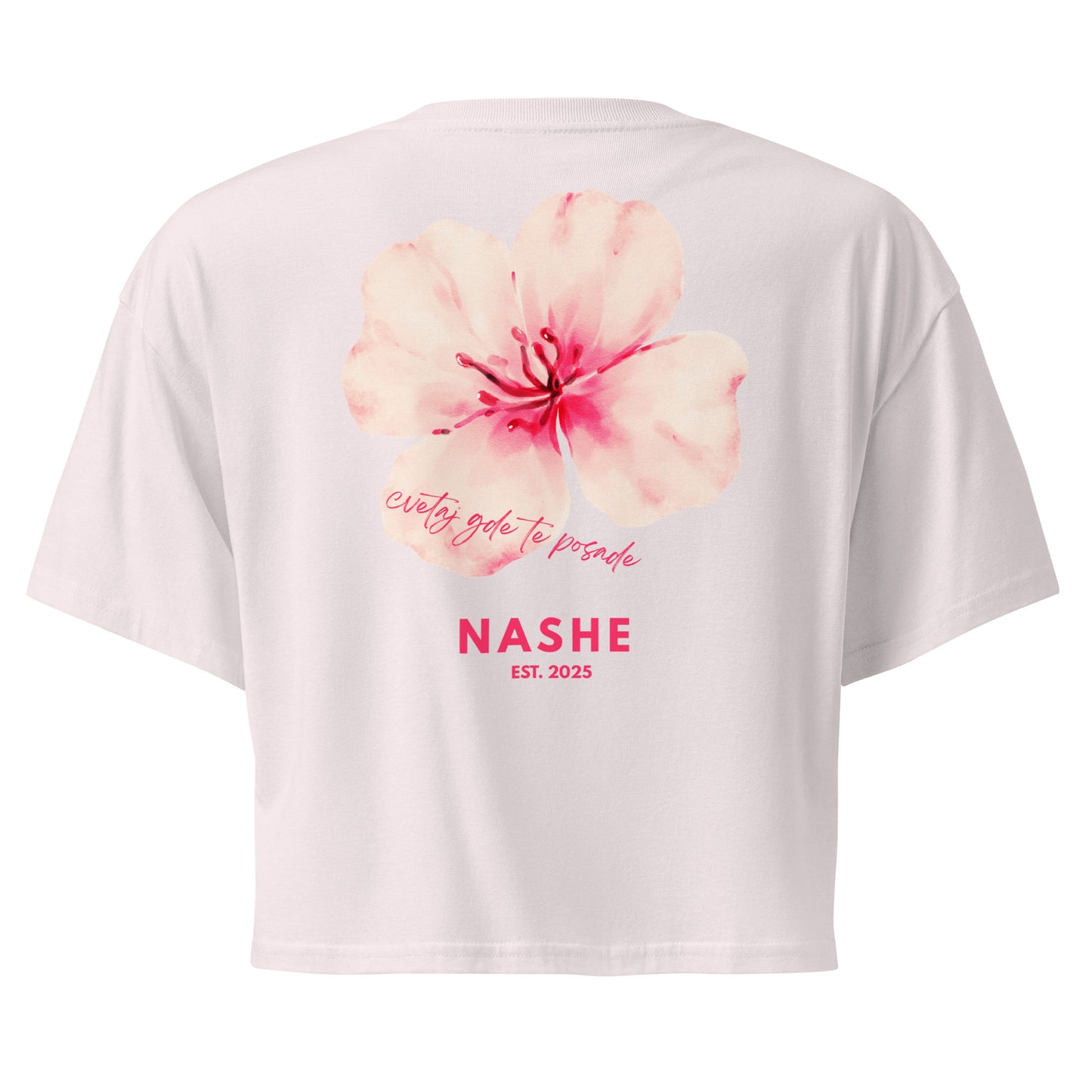 Women’s crop top - cvetaj gde te posade in orchid, back view, NASHE Balkan crop top